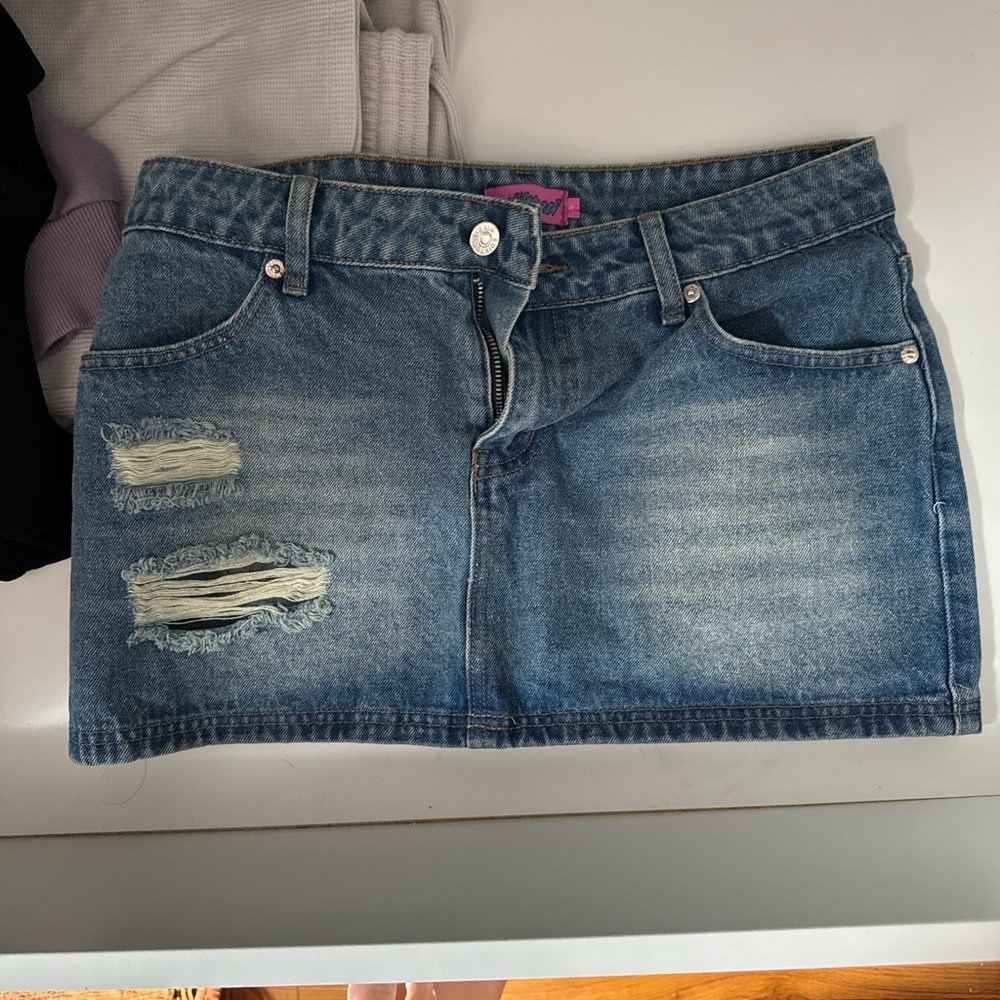 Edikted Denim Mini Skirt with Distressed Details